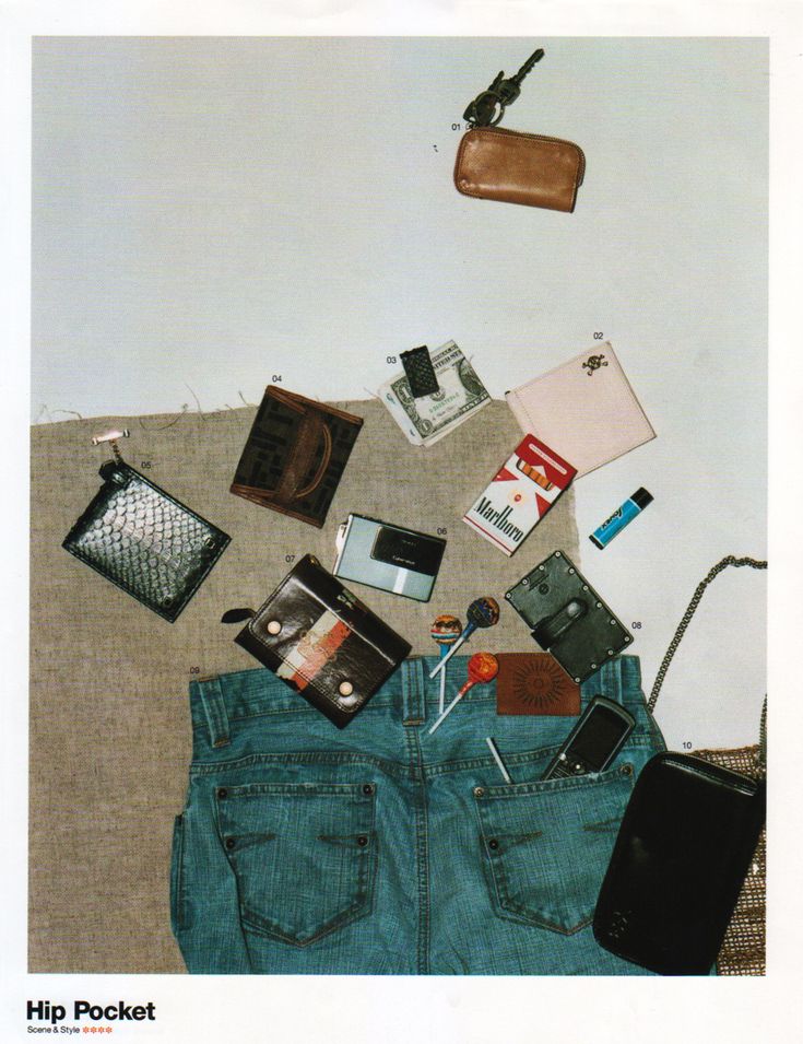 Everyday objects arranged around a pair of jeans